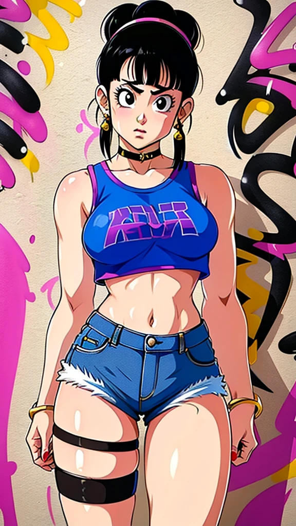 masterpiece, best quality, 1girl, solo, crop top, denim shorts, choker, (graffiti:1.5), arms behind back, against wall, looking at viewer, armband, thigh strap, head tilt, bored, black hair, Black eyes, headset, chichi.