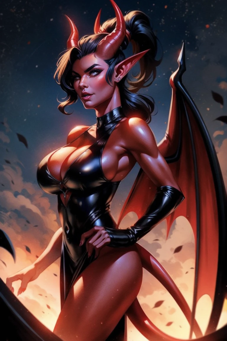 Red skin succubus tiefling, medium breasts, black horns, wings, huge tail, black leather, tall, athletic, graceful, thin, long black ponytail. Glamour shot. Dark romantic scene, night sky.