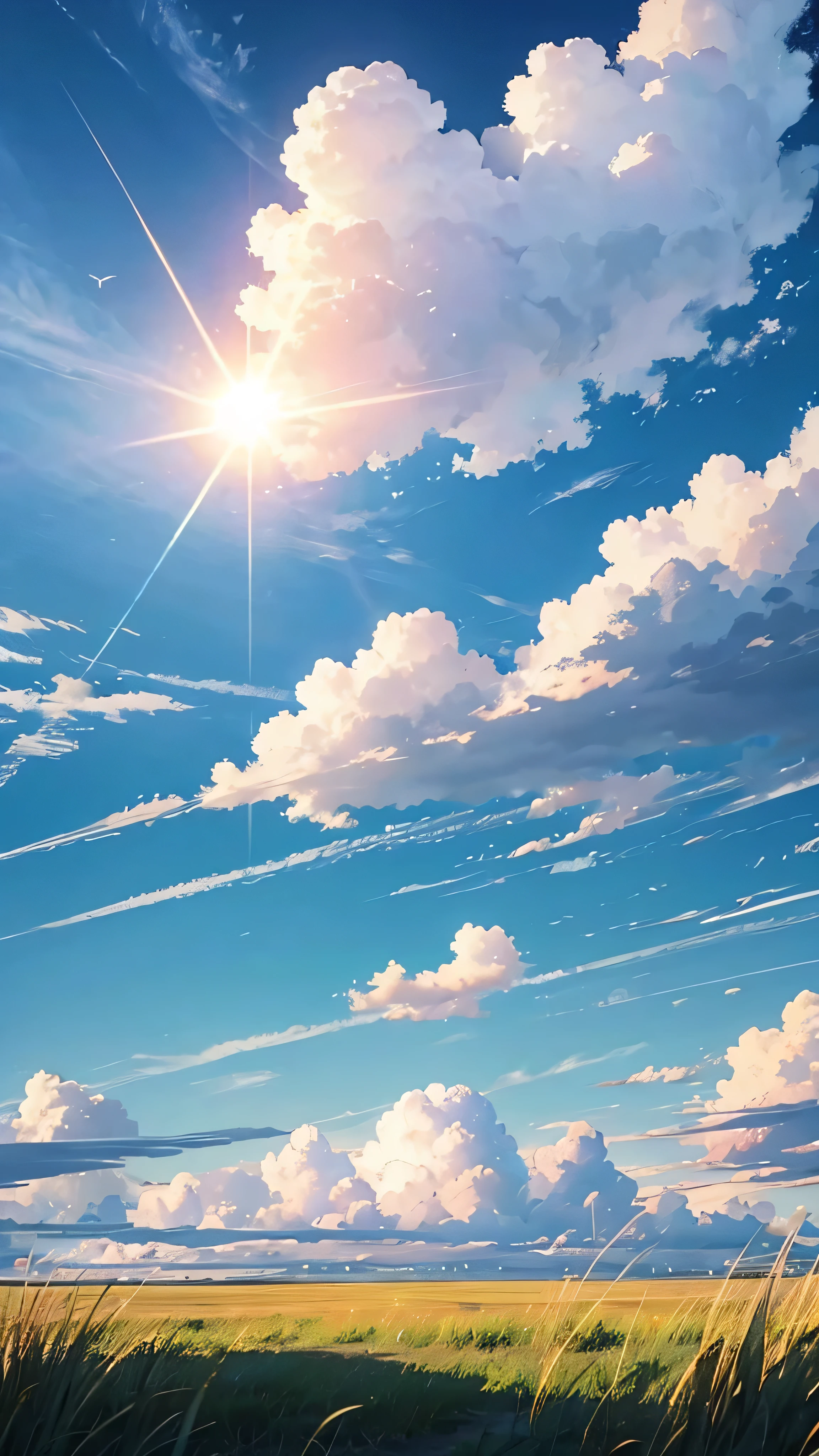 grass field、blue open sky、White cumulonimbus clouds、contrail、glowing sun、Steppe grass swaying in the wind、Photoquality、Live action、Realisticity、Transparency、Realistic depiction、The 8k quality、nffsw、Digital SLR、hightquality、film grains、FujifilmXT3