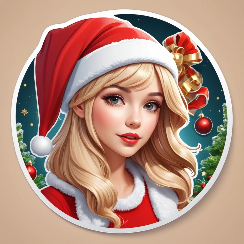 (Stickers,),(3d cartoon santa hat girl),Light-colored hair,slim, Elegance, There is also an air of mystery.(On a circular background), (Christmas Border)，, Super detailed, Detail view, Vectorized, 8K, Professional Stickers design, graphic design, Vector line, Stickers, Full HD