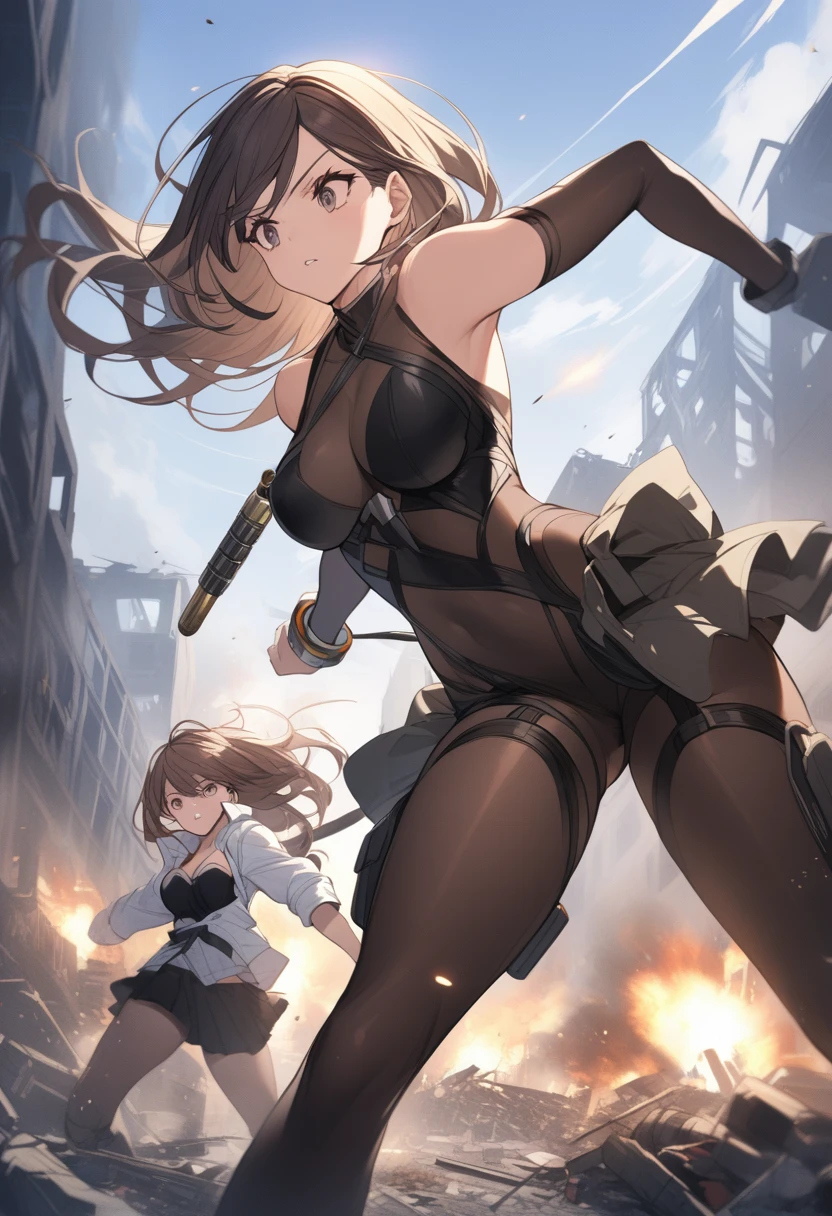a woman in a bodystocking fights with a girl who has ammunition hanging on his arm, a destroyed factory