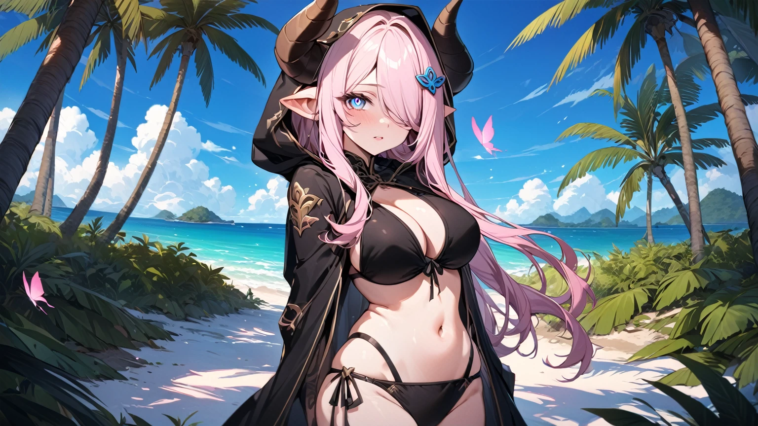 Vibrant, high-definition anime-style illustration set on a tropical beach. The layout features a central female character, Narmaya, with long pink hair, partially covered by a hooded cloak adorned with brown horns. She has fair skin, large expressive blue eyes and pink pupils, and a small blue butterfly hair clip. One eye is covered by her hair. The character is wearing a revealing black bikini with gold accents, and her hands are holding the edges of her cloak. The background showcases a pristine beach with white sand, lush green foliage, and tall palm trees. The clear blue sky and turquoise ocean complete the idyllic setting, with distant islands visible on the horizon. Narmaya and her attire are meticulously detailed. The intense effort put into shading brings this image to a realistic style. Gorgeous vibrant colors draw the eye. Narmaya's suggestive stance brings the viewers focus to her large and perfectly shaped breasts.
(masterpiece), best quality, expressive eyes, perfect face, suggestive pose, purple and pink background, seductive, fantasy, 8k, absurdres, narmaya, pink hair, blue eye with pink pupil, hair over eye, draph, horns, butterfly hair clip, black bikini, hood, defined hands, perfect hands, perfect fingers,