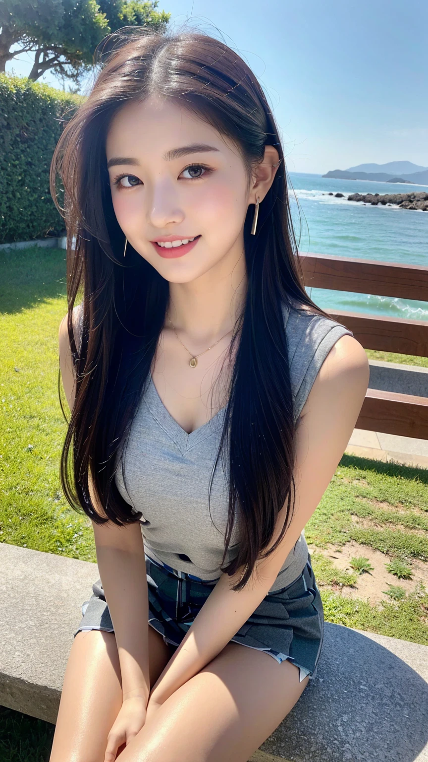 (8K), (best quality: 1.2), (realistic), (realistic: 1.37), ultra high resolution, 1 girl, cute, laugh, closed mouth, beautiful details, beautiful nose, wet hair, red lip,one point piercing,huge two cells, pork, thighs,Self Snap,College student ,sunny day,I can see the sea,sitting on bench,cross one's legs,look down,from above,(Simple dark gray blazer 1),(dark gray pleated skirt),(Dark Blue Bow Tie),(The skirt pattern is a tartan check pattern....:1.3),濡れたthighs,Knee High Tights,(thighsにクローズアップ1.2)