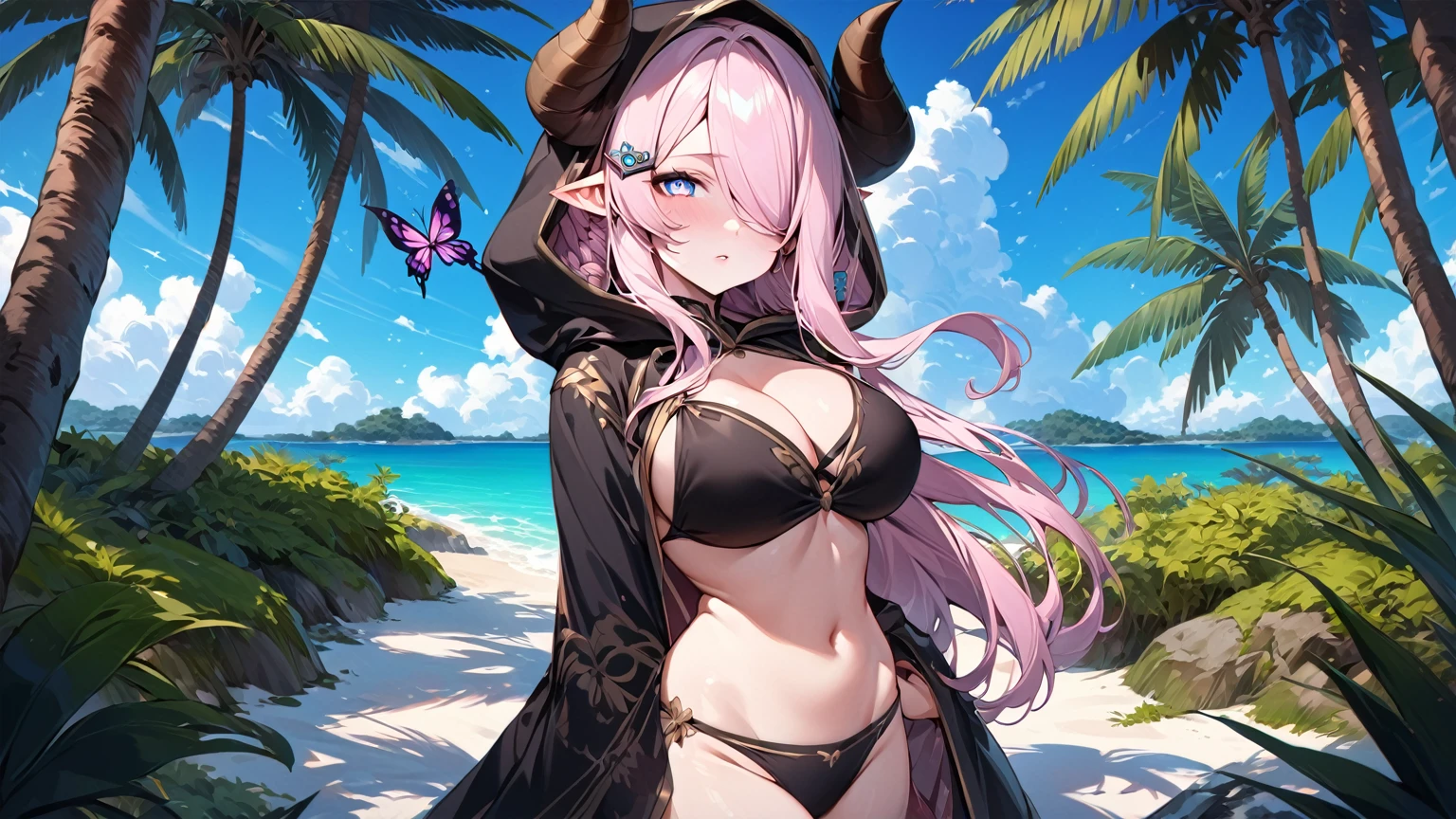 Vibrant, high-definition anime-style illustration set on a tropical beach. The layout features a central female character, Narmaya, with long pink hair, partially covered by a hooded cloak adorned with brown horns. She has fair skin, large expressive blue eyes and pink pupils, and a small blue butterfly hair clip. One eye is covered by her hair. The character is wearing a revealing black bikini with gold accents, and her hands are holding the edges of her cloak. The background showcases a pristine beach with white sand, lush green foliage, and tall palm trees. The clear blue sky and turquoise ocean complete the idyllic setting, with distant islands visible on the horizon. Narmaya and her attire are meticulously detailed. The intense effort put into shading brings this image to a realistic style. Gorgeous vibrant colors draw the eye. Narmaya's suggestive stance brings the viewers focus to her large and perfectly shaped breasts.

(masterpiece), best quality, expressive eyes, perfect face, suggestive pose, purple and pink background, seductive, fantasy, 8k, absurdres, narmaya, pink hair, blue eye with pink pupil, hair over eye, draph, horns, butterfly hair clip, black bikini, hood, defined hands, perfect hands, perfect fingers,