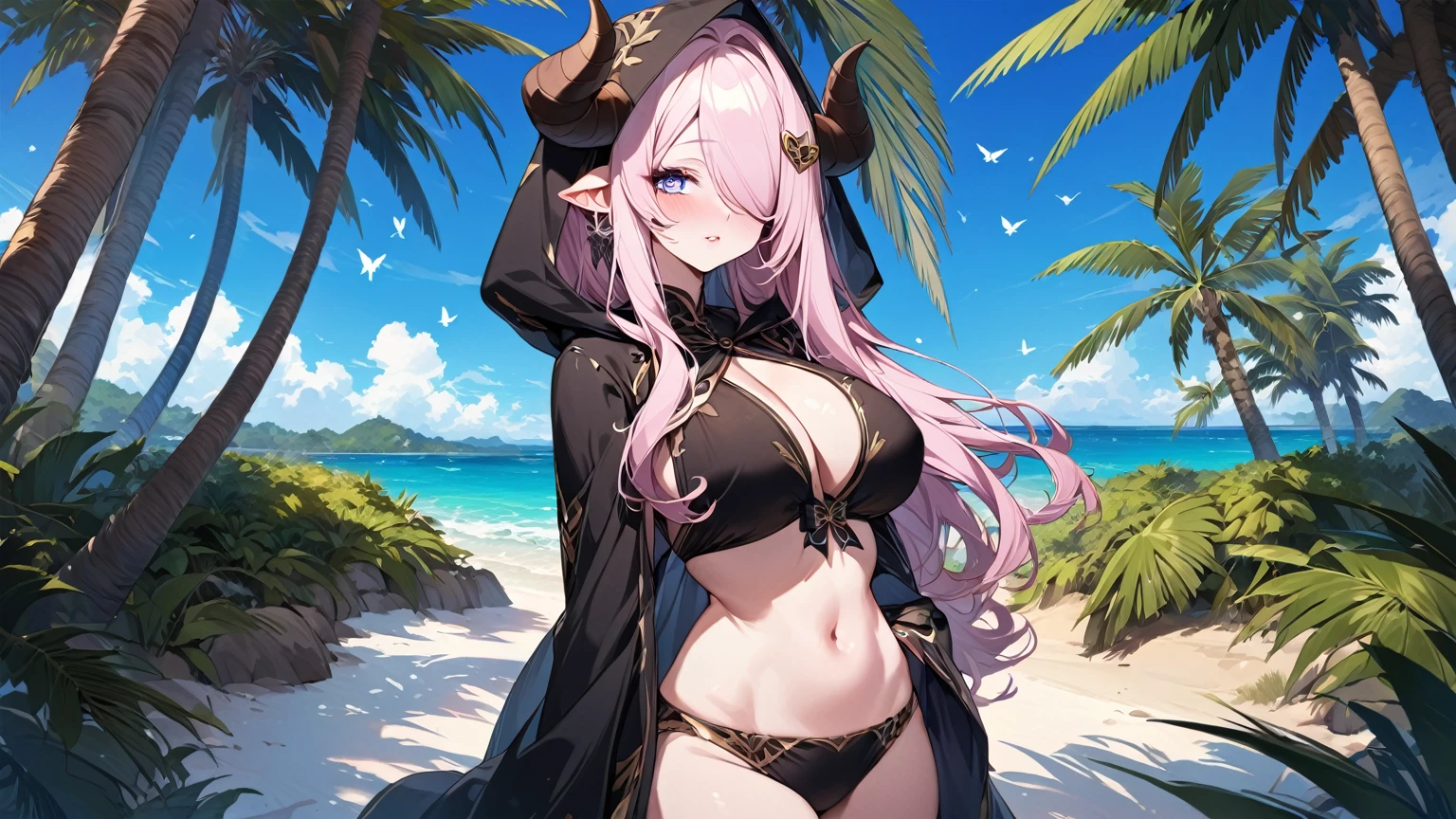 Vibrant, high-definition anime-style illustration set on a tropical beach. The layout features a central female character, Narmaya, with long pink hair, partially covered by a hooded cloak adorned with brown horns. She has fair skin, large expressive blue eyes and pink pupils, and a small blue butterfly hair clip. One eye is covered by her hair. The character is wearing a revealing black bikini with gold accents, and her hands are holding the edges of her cloak. The background showcases a pristine beach with white sand, lush green foliage, and tall palm trees. The clear blue sky and turquoise ocean complete the idyllic setting, with distant islands visible on the horizon. Narmaya and her attire are meticulously detailed. The intense effort put into shading brings this image to a realistic style. Gorgeous vibrant colors draw the eye. Narmaya's suggestive stance brings the viewers focus to her large and perfectly shaped breasts.
(masterpiece), best quality, expressive eyes, perfect face, suggestive pose, purple and pink background, seductive, fantasy, 8k, absurdres, narmaya, pink hair, blue eye with pink pupil, hair over eye, draph, horns, butterfly hair clip, black bikini, hood, defined hands, perfect hands, perfect fingers,