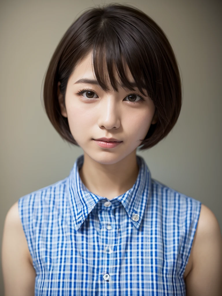 arafed woman Short hair and a blue and white checkered shirt, Short hair, Ayaka, Chie Yoshii's Style, sayori, Chiho, ayami kojima amano, narumi kakinouchi, Artist: Arata Yokoyama, Hole in the Motto, Aoi Ogata, aoshima Chiho, For whom?