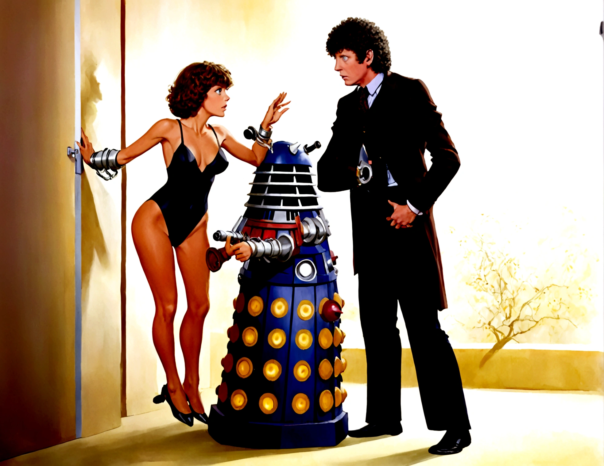 Tom Baker Doctor Who 1980, is arguing with a dalek, his companion (a swift woman, alien sexy leotard) damsel in distress shackled to the wall

