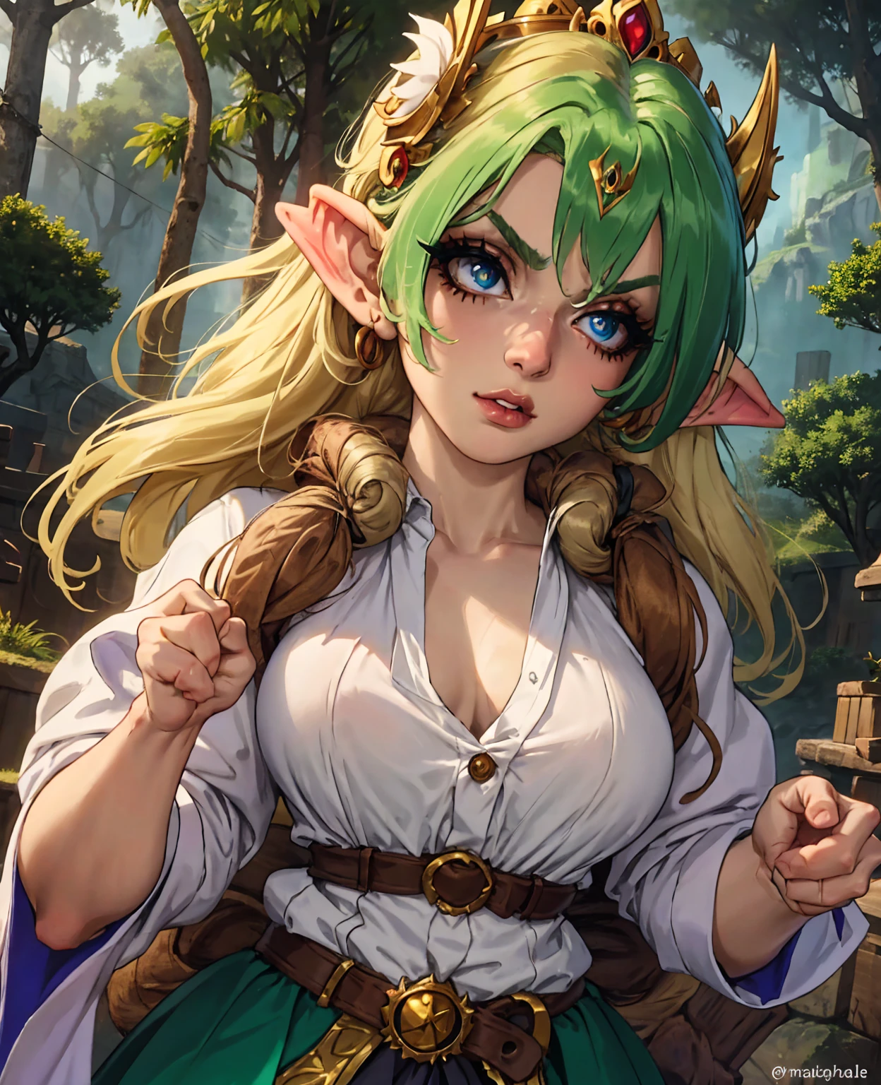 a beautiful goblin girl with green skin, detailed facial features, long eyelashes, large expressive eyes, cute button nose, full lips, mesmerizing gaze, ornate headdress, flowing hair, delicate pointed ears, elegant pose, ethereal forest background, sunlight filtering through the trees, whimsical magical atmosphere, vibrant colors, detailed textures, fantasy art style, cinematic lighting, photorealistic, 8k, best quality, masterpiece