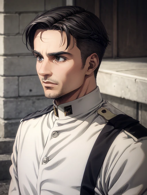 35 years old man, military hair, gray eyes, White military uniform, quartel general