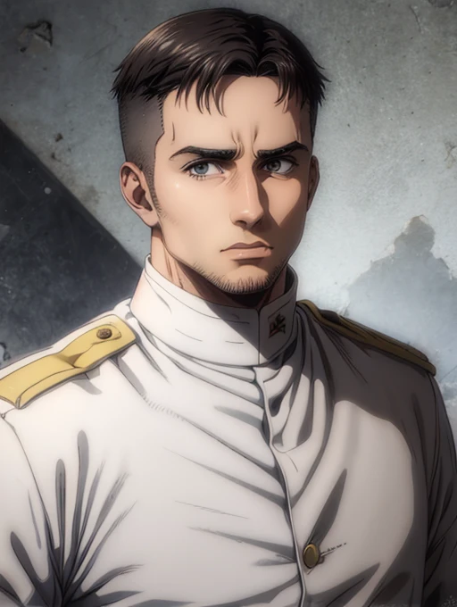 35 years old man, military hair, gray eyes, White military uniform, quartel general
