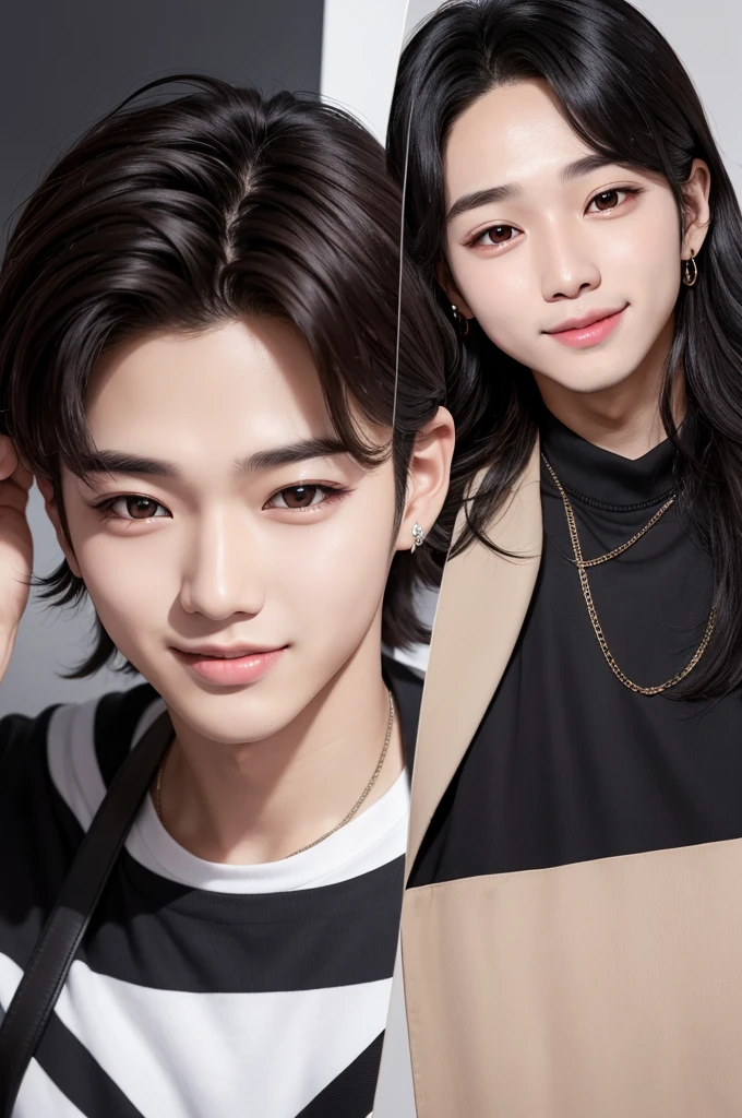 Describe a young idol with expressive, bright eyes, Known for his captivating smile and brown or black hair.