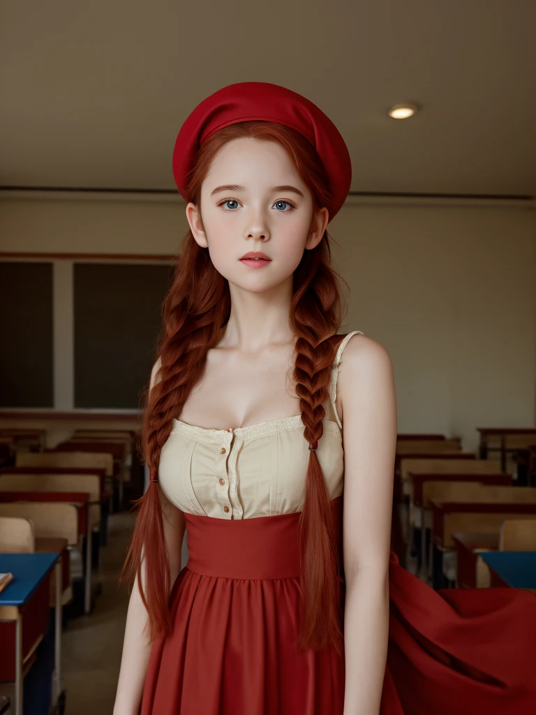 (best quality,4k,8k,highres,masterpiece:1.2),ultra-detailed,(realistic,photorealistic,photo-realistic:1.37), ((classroom, young girl, she wears long dress and beret, shy, braided red hair, pale skin)), ((slim body, very large bust size for her young age))