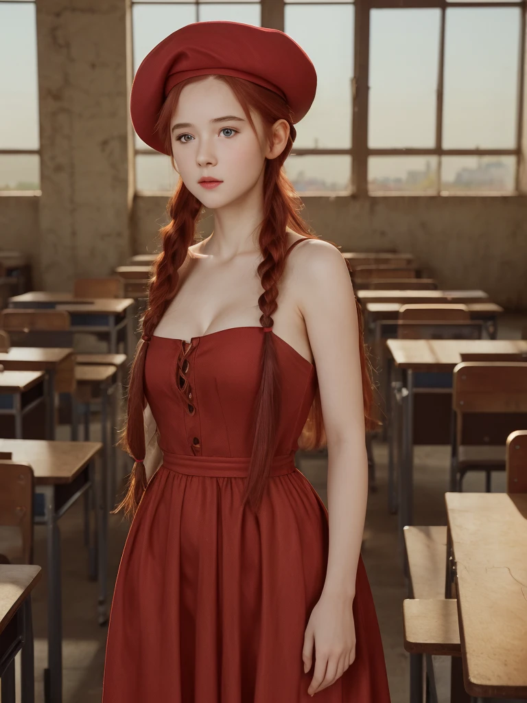 (masterpiece, best quality, cinematic, volumetric lighting, very detailed, high resolution, sharp, sharp image, 4k, 8k, 35 mm, one girl), ((a girl in classroom, she wears long dress and beret, shy, braided red hair, pale skin)), ((slim body, very large bust size for her young age))