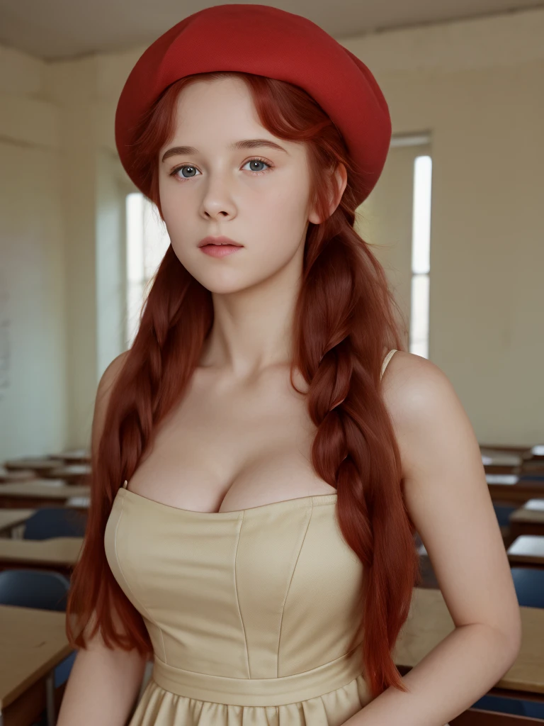 (masterpiece, best quality, cinematic, volumetric lighting, very detailed, high resolution, sharp, sharp image, 4k, 8k, 35 mm, one girl), ((a girl in classroom, she wears long dress and beret, shy, braided red hair, pale skin)), ((slim body, very large bust size for her young age))