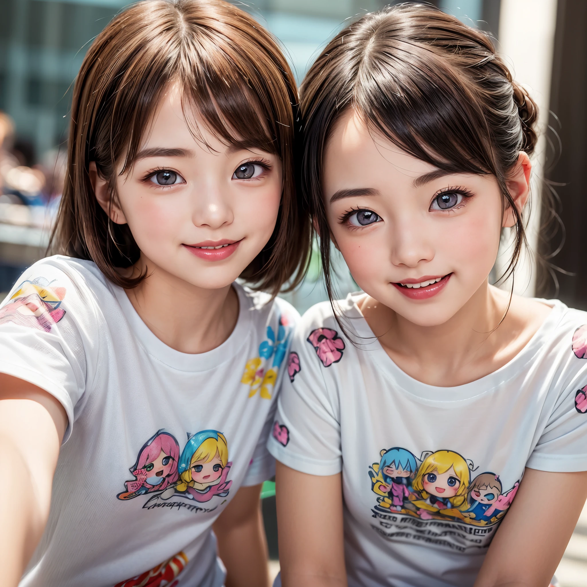 White and Bright Red, (Masterpiece 8K TopQuality:1.2) (ProfessionalPhoto:1.37) ExtremelyDetailed ((((KAWAII girl Printed on a T-shirt:1.4))) BREAK (((NOGIZAKA FaceVariations))), Extremely Detailed very KAWAII FaceVariations, Childish CaptivatingGaze Stunning ParfectEyes ElaboratePupils with (SparklingHighlights:1.28), DoubleEyelids with (Detailed Voluminous LongEyelashes:0.88), Small GlossyRedLips with BeautifulDetails, CoquettishTongue, PUNIPUNI RosyCheeks, Radiant PearlSkin with Transparency, Glowing DowneyHair . { (Dynamic Joyful expressions LifeLike Rendering:1.4) | (:d) }, (large eyes:-1) .