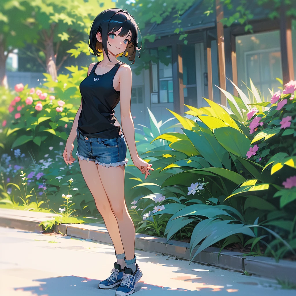 (high quality, High resolution, Very detailed, reality:1.37), Peaceful atmosphere, (Outdoor, garden), age girl standing alone, (my breasts are big.), Beautiful details, Cute Smile, (Black bob hair), Blue tank top, Denim shorts, Blue socks, sneakers.