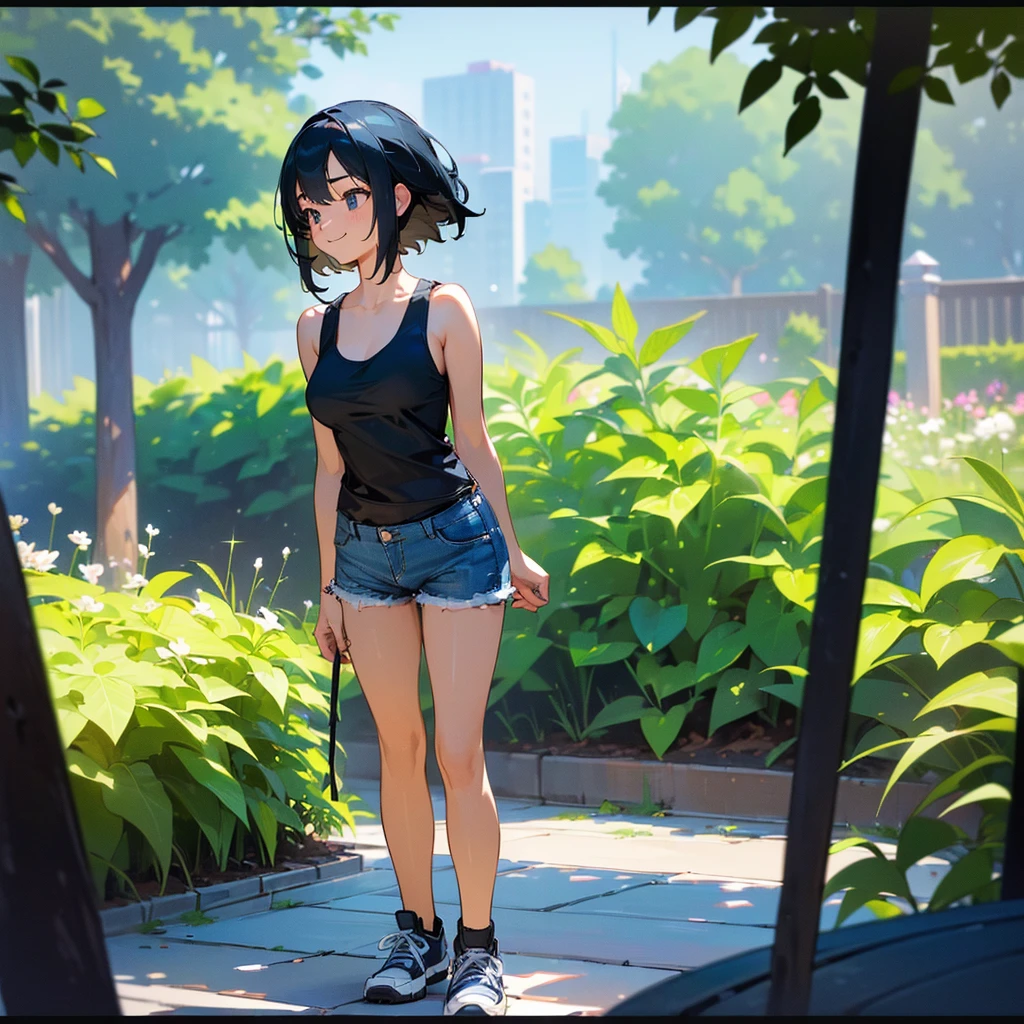 (high quality, High resolution, Very detailed, reality:1.37), Peaceful atmosphere, (Outdoor, garden), age girl standing alone, (my breasts are big.), Beautiful details, Cute Smile, (Black bob hair), Blue tank top, Denim shorts, Blue socks, sneakers.
