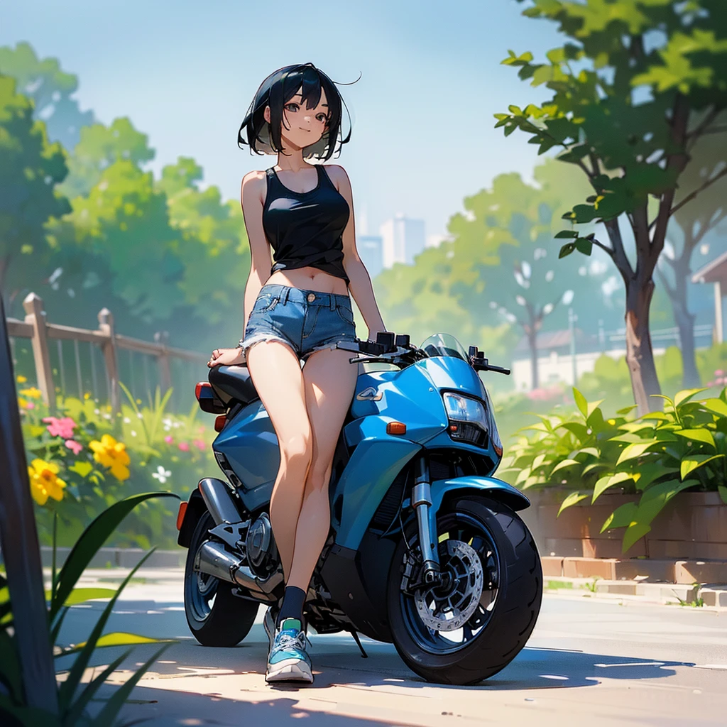 (high quality, High resolution, Very detailed, reality:1.37), Peaceful atmosphere, (Outdoor, garden), age girl standing alone, (my breasts are big.), Beautiful details, Cute Smile, (Black bob hair), Blue tank top, Denim shorts, Blue socks, sneakers.