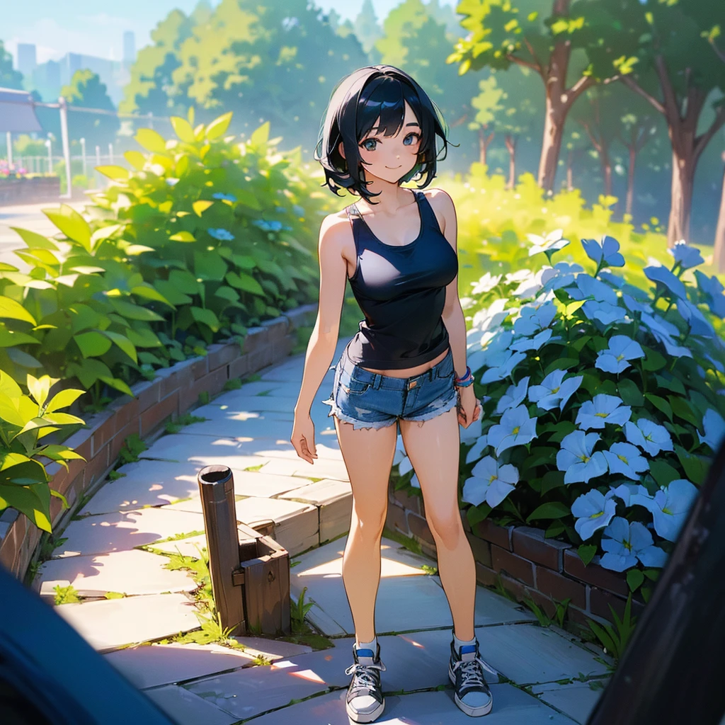 (high quality, High resolution, Very detailed, reality:1.37), Peaceful atmosphere, (Outdoor, garden), Teenage girl standing alone, (my breasts are big.), Beautiful details, Cute Smile, (Black bob hair), Blue tank top, Denim shorts, Blue socks, sneakers.