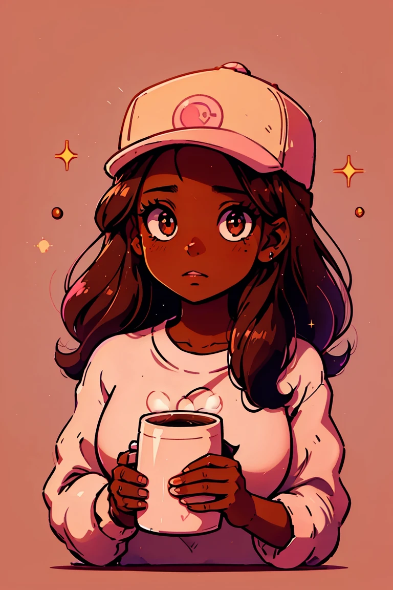 Wearing a large, fluffy fitted shirt、Dark skinned young woman, shy, holding a pink coffee mug, Very detailed, 4K, 2D illustration, Red Hat, Clear eyes, Sparkling brown eyes, Calm pastel colors and vibrant browns