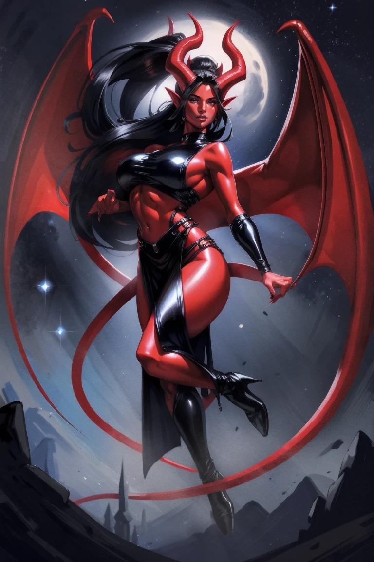 Red skin succubus tiefling, gigantic , black horns, wings, huge tail, black leather, crop top, long flowing pelvic curtain, tall, athletic, graceful, thin, long black ponytail. Glamour shot. Dark romantic scene, night sky.