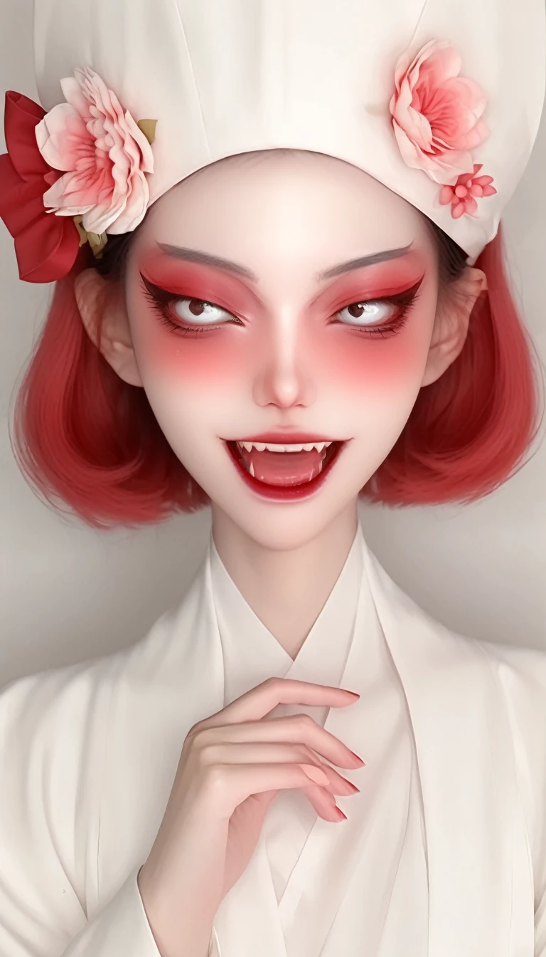 A beautiful vampire girl with fangs in red and white in the style of Hsiao Ron Cheng, cute cartoon character, minimalistic, simple design with a white background and simple colors in pastel tones with soft light and subtle shadows, sharp focus and high resolution.3D