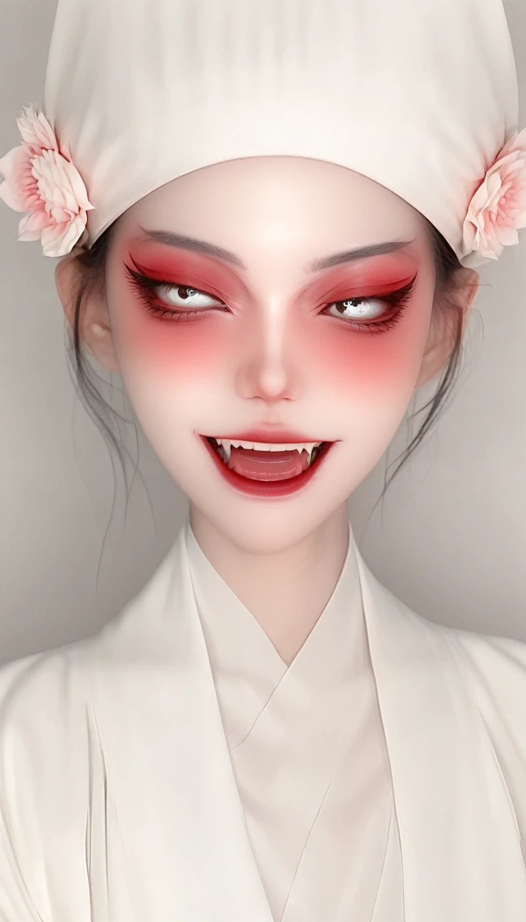 A beautiful vampire girl with fangs in red and white in the style of Hsiao Ron Cheng, cute cartoon character, minimalistic, simple design with a white background and simple colors in pastel tones with soft light and subtle shadows, sharp focus and high resolution.3D