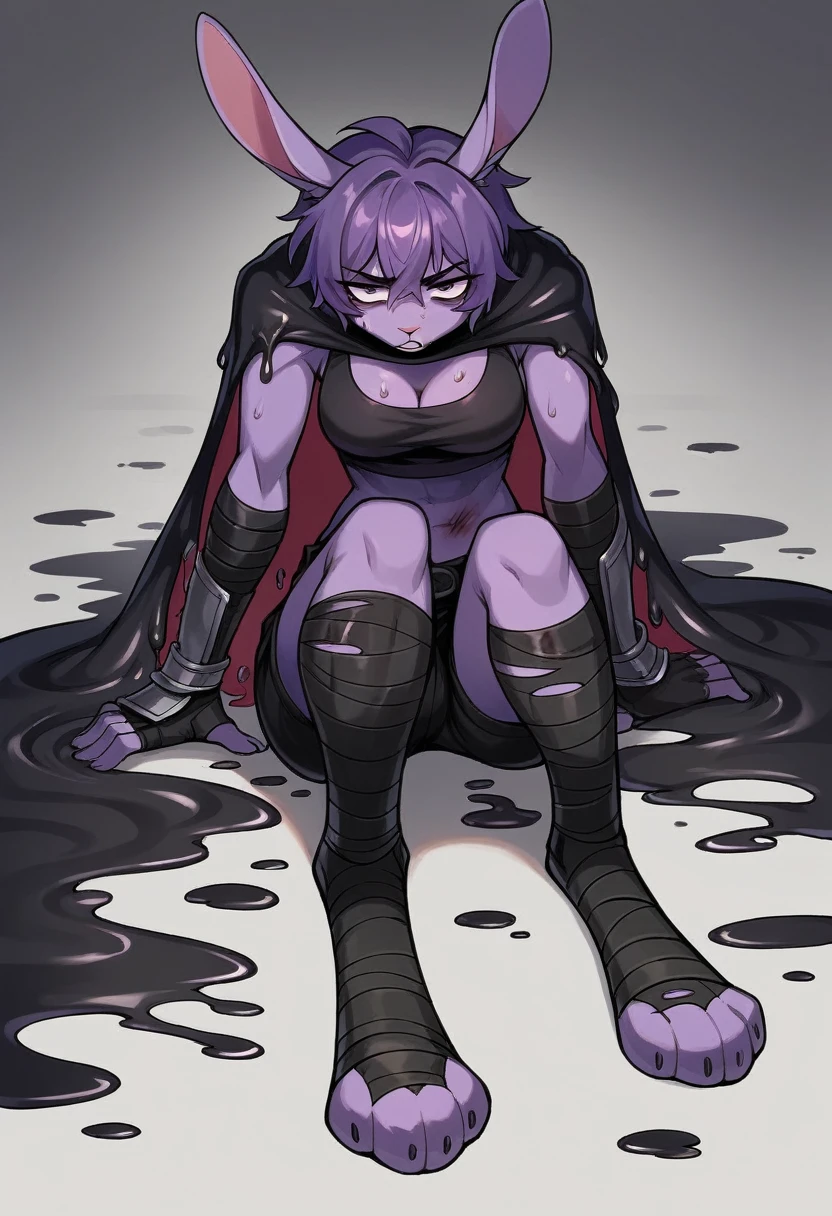 create a picture of a female half rabbit character with purple giant rabbit digitigrade legs with white paws, put purple rabbit ears on top of her head, make her wearing a black athletic tank top and black shorts, put purple fur on her arms from her elbows down, give her short brown hair, make her legs look fluffy and furry, make it in an anime style, make her outfit slightly tattered and torn, make her look super tired, give her black gauntlets, make the background look like a pitch black wet environment, cover her fur in black goo, make the black goo dripping from her arms and legs, make her look bruised, put her in a defeated stance, give her a black tattered cape, give her moderate breasts, give her several large bandages, cover the ground in black goo, make it raining black goo, make the environment very dark