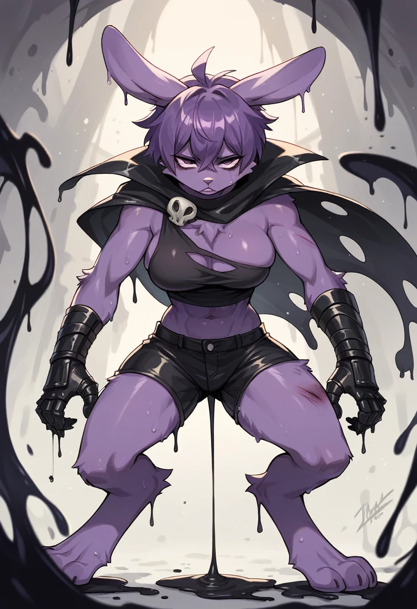 create a picture of a female half rabbit character with purple giant rabbit digitigrade legs with white paws, put purple rabbit ears on top of her head, make her wearing a black athletic tank top and black shorts, put purple fur on her arms from her elbows down, give her short brown hair, make her legs look fluffy and furry, make it in an anime style, make her outfit slightly tattered and torn, make her look super tired, give her black gauntlets, make the background look like a pitch black wet environment, cover her fur in black goo, make the black goo dripping from her arms and legs, make her look bruised, put her in a defeated stance, give her a black tattered cape, give her moderate breasts, give her several large bandages, cover the ground in black goo, make it raining black goo, make the environment very dark