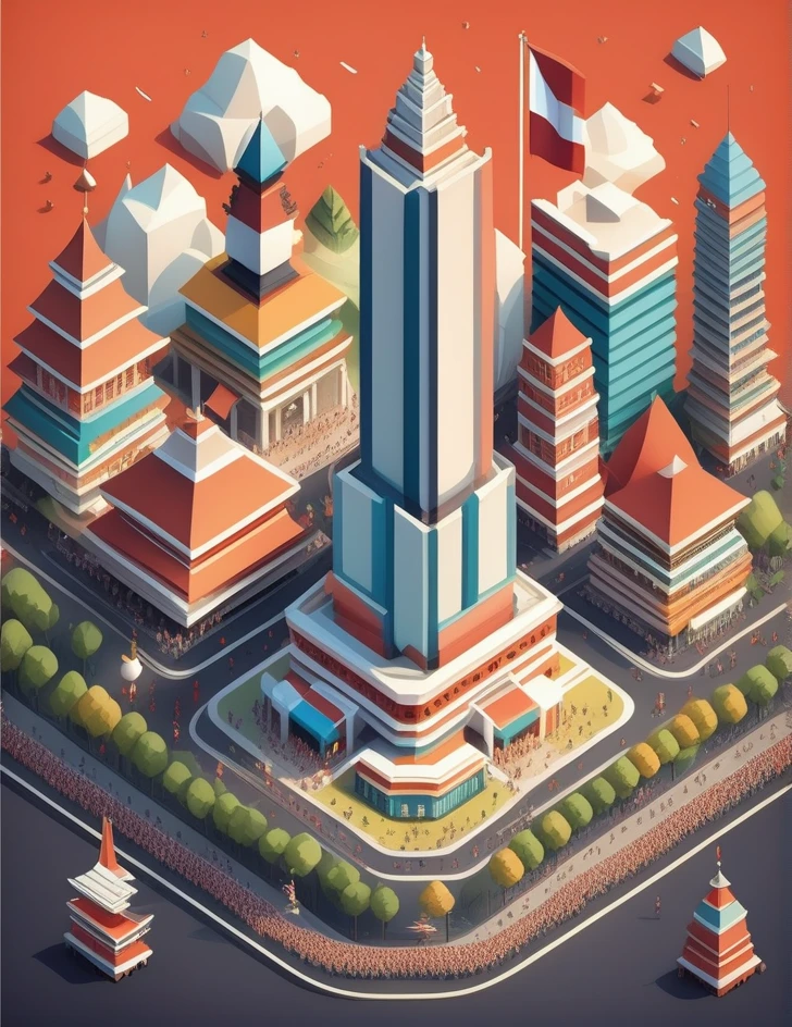 An isometric cityscape in Indonesia, celebrating Independence Day with colorful decorations, festive parades, and traditional Indonesian motifs adorning the buildings. In the central square, a grand monument symbolizing freedom and unity stands tall, surrounded by crowds of people dressed in traditional attire, joyously celebrating the nation's history.