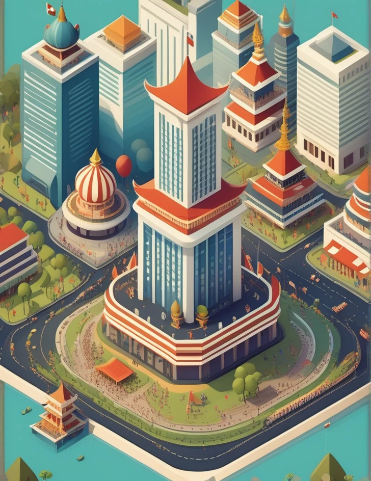 An isometric cityscape in Indonesia, celebrating Independence Day with colorful decorations, festive parades, and traditional Indonesian motifs adorning the buildings. In the central square, a grand monument symbolizing freedom and unity stands tall, surrounded by crowds of people dressed in traditional attire, joyously celebrating the nation's history.