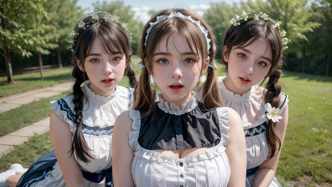 (3 girls)beautiful, beautiful, Russian  face, 18 years old, white skin, rift, Massive Gigantic Breasts, Look sexy, Sleeveless, (white lace lolita), (Embroidery work), flower headband, long socks, short skirt, ((bright retina)), open mouth, ((muscle:1.3)), ((Bokeh 1.1)), Outdoor vacant land, Masterpiece, ((Bangs, long hair, twin tails)), (sky), (HDR), ((center:1.1))