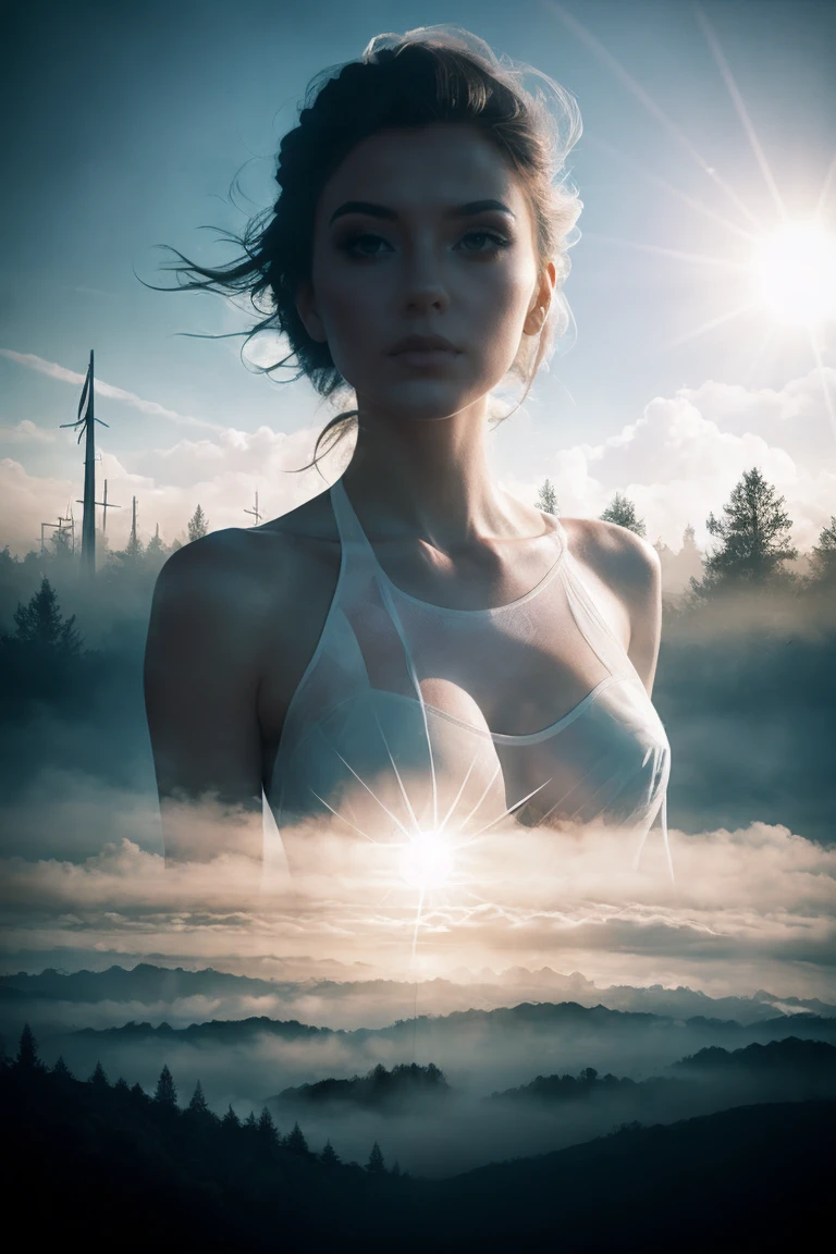 Light of the sun, Forests and Grasslands, A foggy cityscape seen in the distance,one very beautiful girl,city: 0.33,Immerse yourself in a huge wind current,living in white clouds,Beyond the Clouds,(Double exposure: 1.5),photo shoot:Brandon Wolfermist,Surreal dreams,Ethereal atmosphere, a sunny day,that's it,usufruct,High Dynamic Range,Contour,Global Illumination,RGB Color,Colorful paintings,High Sharpness,8K,Ghibli Color,Cubism,超High resolution,Anatomically correct,Texture Skin,Accurate,masterpiece,High resolutwards,Double exposure