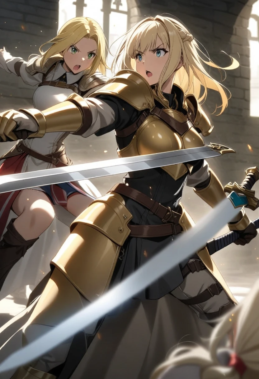 blonde girls in armor. Fight sword afroamerican Womans girls in the castle