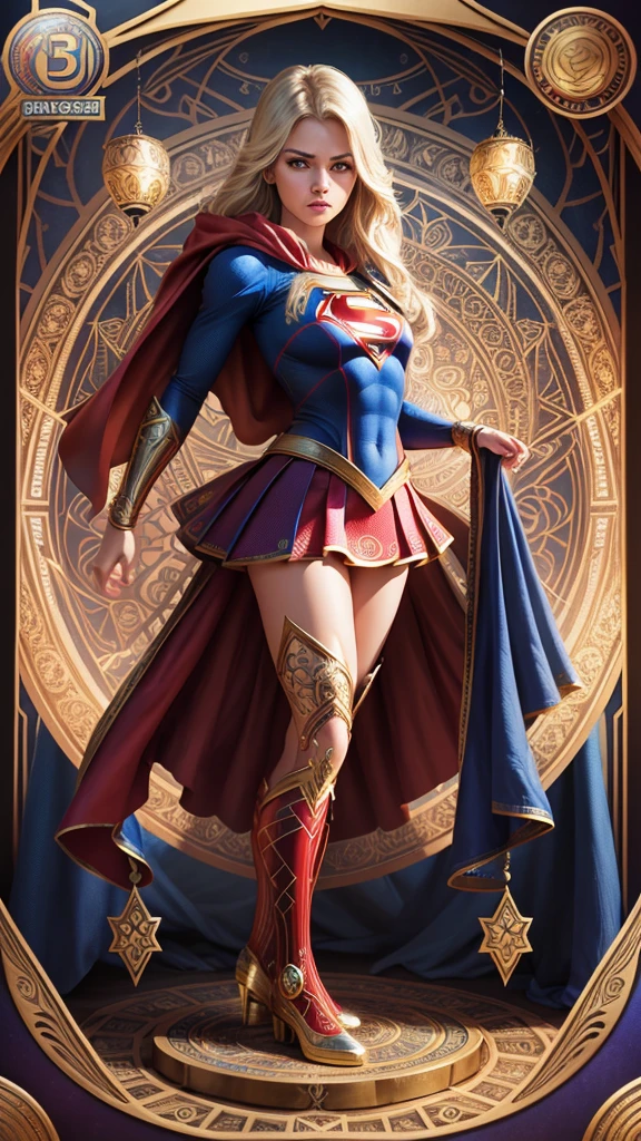 Full colour tarot full page standing supergirl with many lines and ornaments, extremely detailed many layers, old card design, symmetrical design, mandala arabesque style, old design on old paper, full page , with intricate greebling, 3d, hyper realistic, real photography