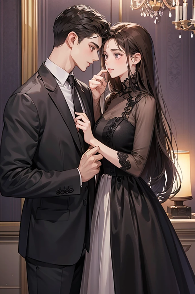 Couple, 1 girl、1 boy, Bring your face closer,Teasing each other,Height difference,The boy is cold,The girl is shy,Different hair colors, long black hair and brown eyes, Short light brown hair and grey eyes, Romance, Black Suite, Purple Dress, England, Luxury room background, Face to face, romantic