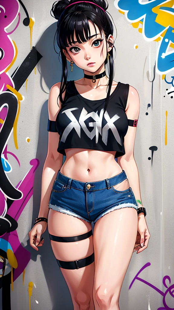 masterpiece, best quality, 1girl, solo, crop top, denim shorts, choker, (graffiti:1.5),  arms behind back, against wall, looking at viewer, armband, thigh strap, head tilt, bored, black hair, Black eyes, headset, chichi.