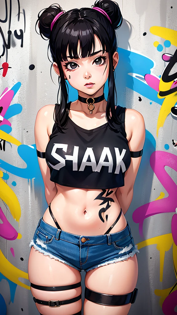 masterpiece, best quality, 1girl, solo, crop top, denim shorts, choker, (graffiti:1.5),  arms behind back, against wall, looking at viewer, armband, thigh strap, head tilt, bored, black hair, Black eyes, headset, chichi.