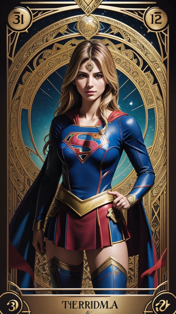 Full colour tarot full page standing supergirl with many lines and ornaments, extremely detailed many layers, old card design, symmetrical design, mandala arabesque style, old design on old paper, full page , with intricate greebling, 3d, hyper realistic, real photography