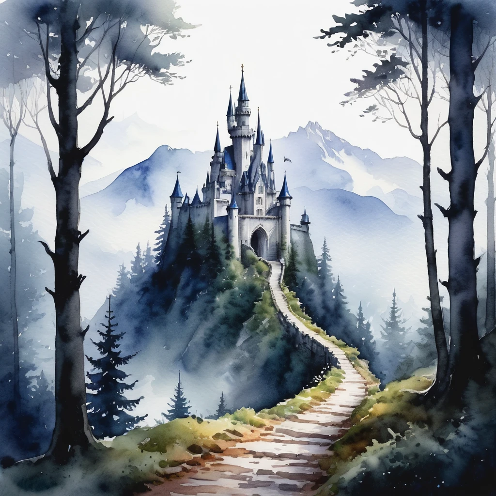 picture of small path in the misty dark tall tree forest leading to distant holy and magical forest, (watercolor), wet on wet, minimalist, loose watercolor, with mystical mountain landscape on the background, ultra high resolution, 8k , there is a gothic horror style castle on the background on top of the mountain, isolated, surrounded with with solid white background, #Slider