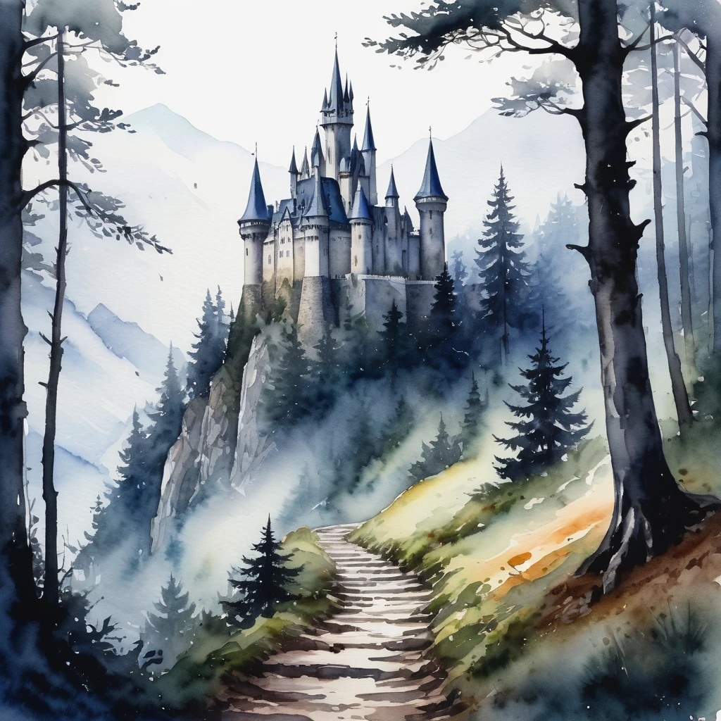 picture of small path in the misty dark tall tree forest leading to distant holy and magical forest, (watercolor), wet on wet, minimalist, loose watercolor, with mystical mountain landscape on the background, ultra high resolution, 8k , there is a gothic horror style castle on the background on top of the mountain, isolated, surrounded with with solid white background, #Slider