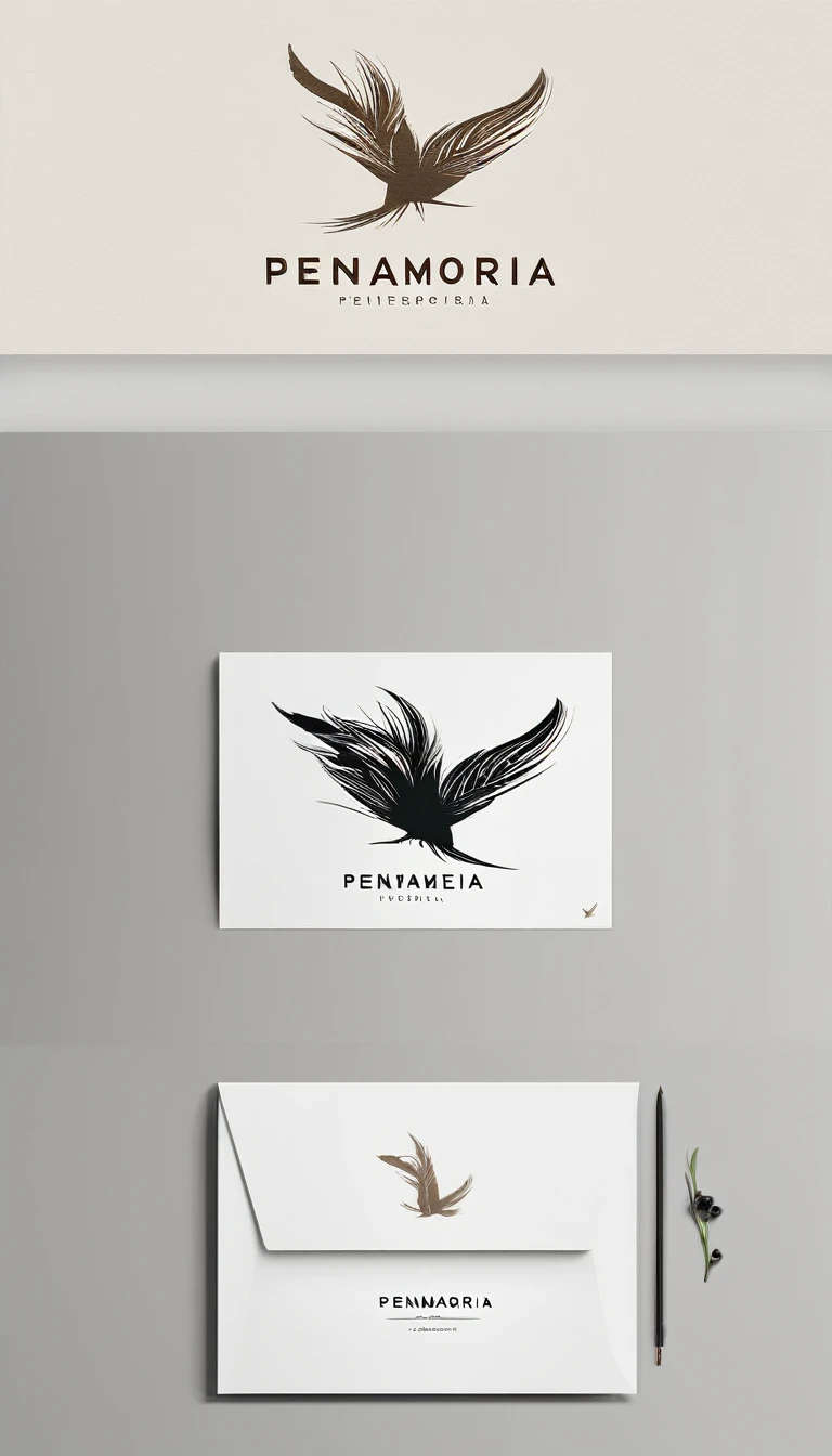 A minimal, modern, simple, cinematic logo design for the brand “Penamemoria". Create a modern, minimalistic, high-quality, logo of a feather bird