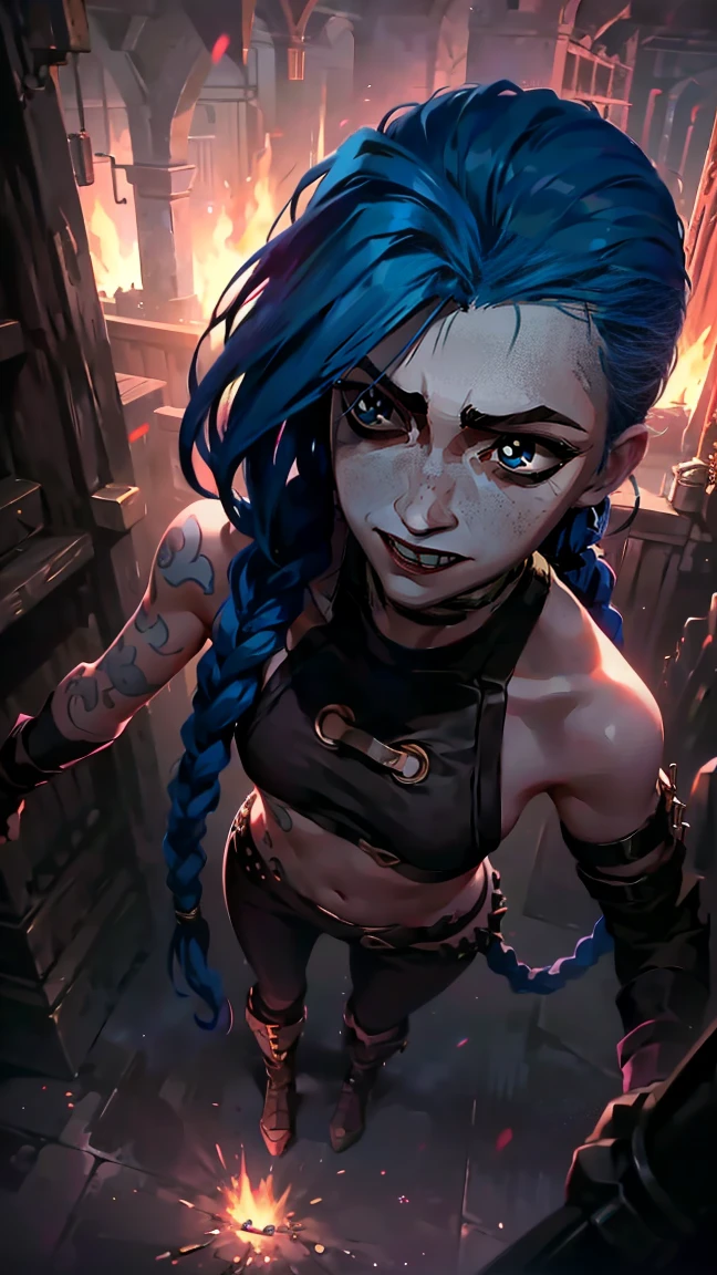 (masterpiece, Best quality), 1 girl, portrait, very sexy, crazy look, smile, crying, pink tears, tears on the cheeks, tears from eyes, full length (full body 1.1.), очень feminine, fighting stance, battle, fire, explosions, burning city, Beautiful waist, gloomy composition, flame, fire, Flash, very beautiful, feminine, long hair, hair braided in long braids, very sexy, tight leather pants, emphasis on the eyes, emphasis on the face, Beautiful face, Hands, Hair, Haired ponytail, red purple eyes, Джинкс crying, Blue cloud tattoo, (masterpiece, Best quality), Side lighting, beautiful detailed eyes, crazy face), (Best quality), (masterpiece), magic photography, Spectacular lighting, Photorealism, ultra detailed, интимная portraitная композиция, 1. 4,8 k UHD, aesthetic, Cd., A high resolution, 8 k, better lighting, Best shade, Ultra-HD, A high resolution, sharp focus, Complex background, Cinematic lighting, ((Landscape view)), 4K block, (better lighting), ((Cinematic lighting)),