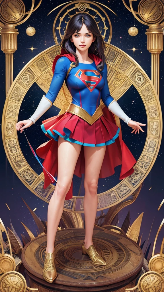 Full colour tarot full page standing supergirl with many lines and ornaments, extremely detailed many layers, old card design, symmetrical design, mandala arabesque style, old design on old paper, full page , with intricate greebling, 3d, hyper realistic, real photography