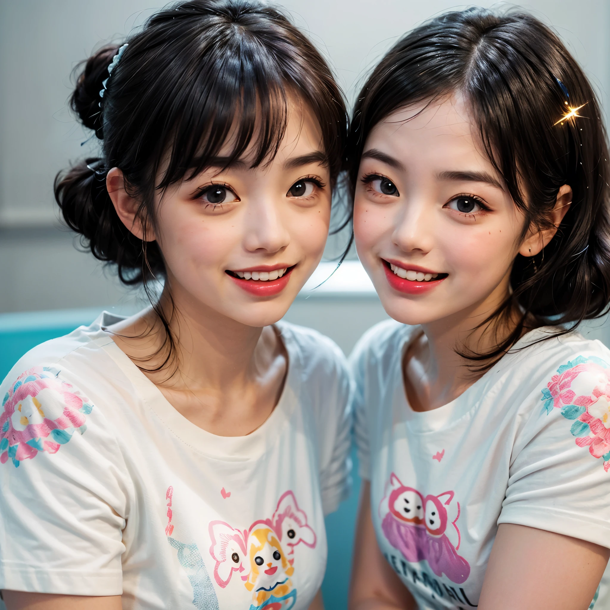 White and Bright Red, (Masterpiece 8K TopQuality:1.2) (ProfessionalPhoto:1.37) ExtremelyDetailed ((((KAWAII girl Printed on T-shirt:1.4) with "SUPER BITCH" Logo )) BREAK. (((NOGIZAKA FaceVariations))), Extremely Detailed very KAWAII FaceVariations, Childish CaptivatingGaze Stunning ParfectEyes ElaboratePupils with (SparklingHighlights:1.28), DoubleEyelids with (Detailed Voluminous LongEyelashes:0.88), Small GlossyRedLips with BeautifulDetails, CoquettishTongue, PUNIPUNI RosyCheeks, Radiant PearlSkin with Transparency, Glowing DowneyHair . { (Dynamic Joyful expressions LifeLike Rendering:1.4) | (:d) }, (large eyes:-1) .