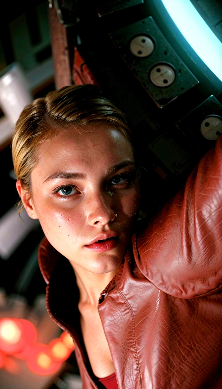 Blonde woman in leather jacket leaning against a wall with a neon light, Kristanna Loken, fatalidad cara hermosa,