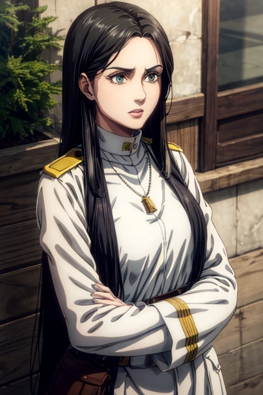 35 year old woman, long black hair, greeneyes, neutral expression, necklace on the neck, White military uniform, marley, liberio,