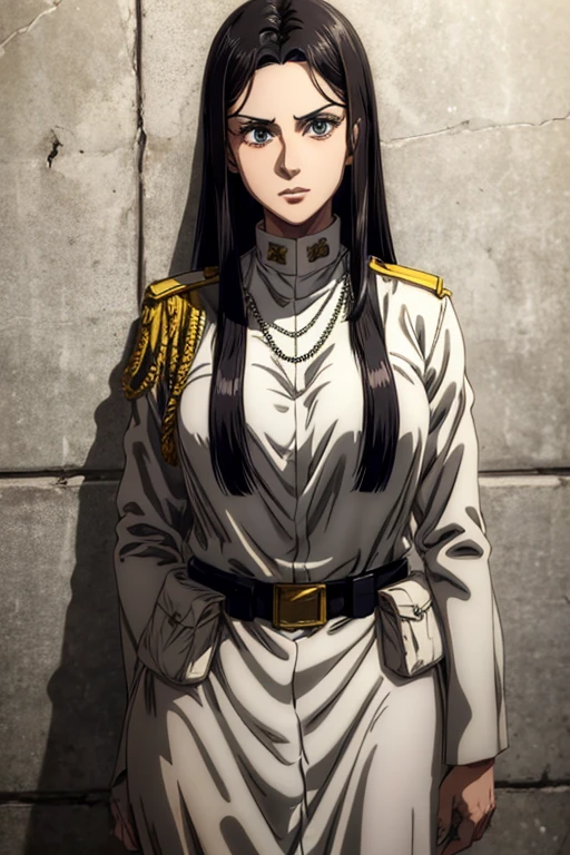 35 year old woman, long black hair, greeneyes, neutral expression, necklace on the neck, White military uniform, marley, liberio,