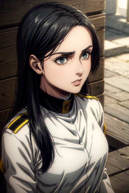 35 year old woman, long black hair, greeneyes, neutral expression, necklace on the neck, White military uniform, marley, liberio,