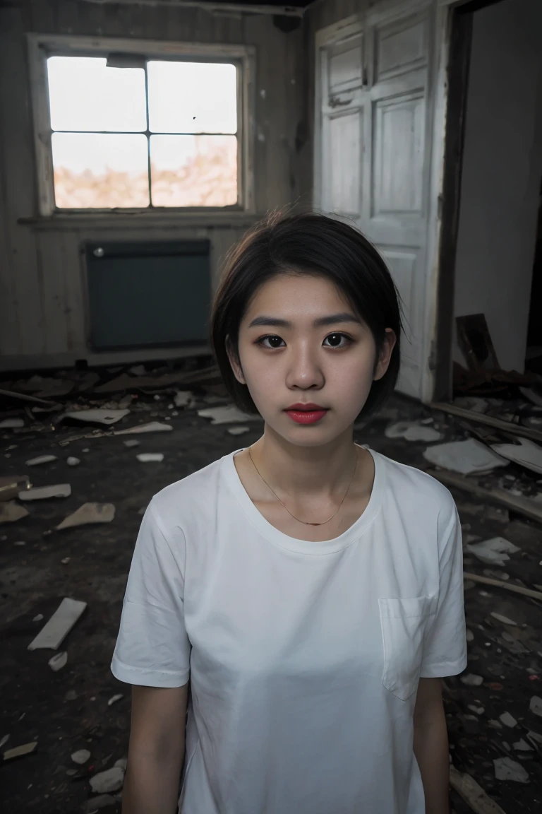 8k uhd, dslr, high quality , RAW photo, Amateur Photography Fujifilm XT3, Canon R5, Handsome tomboy short hair, Inside Abandoned house